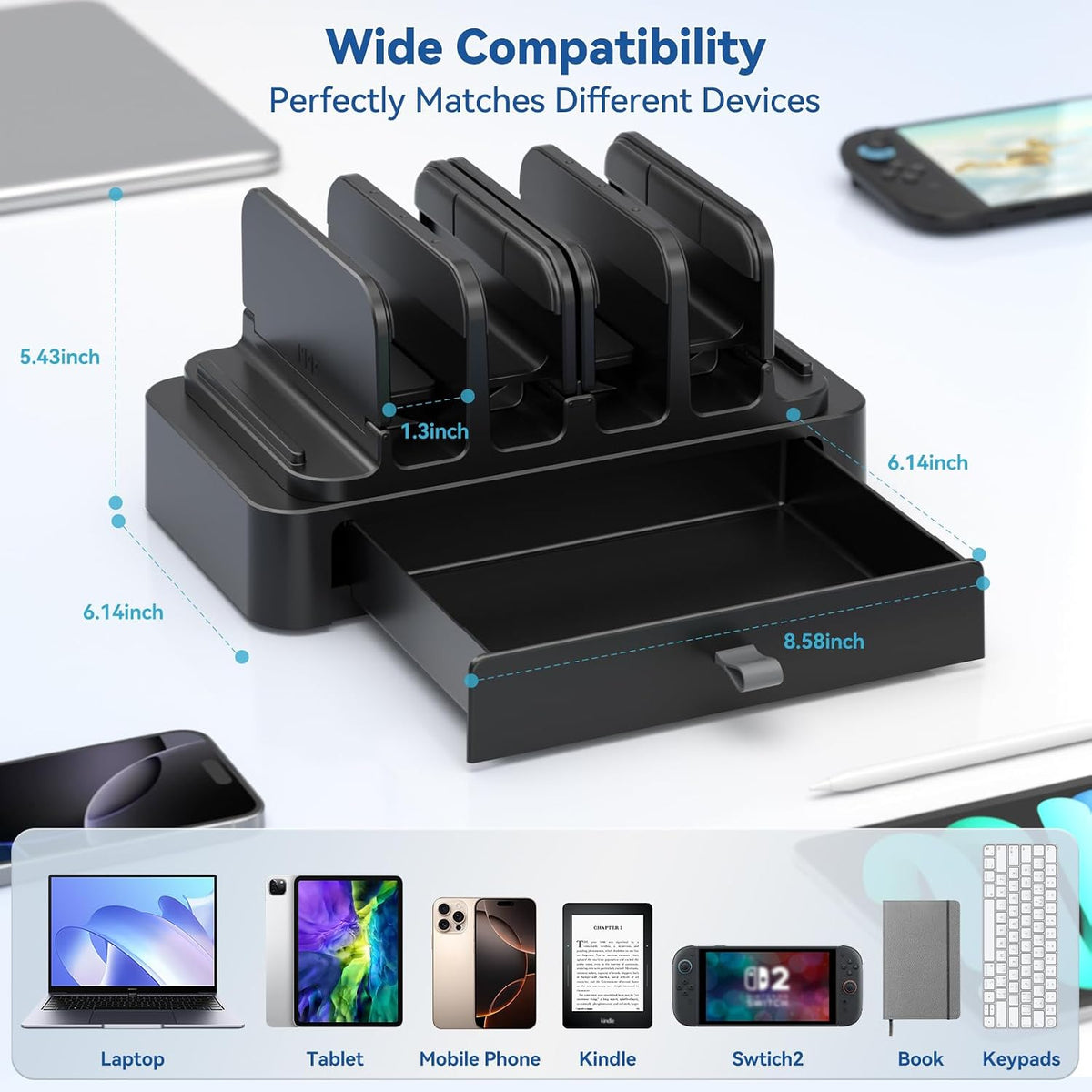 Vertical Laptop Stand with Drawer - 7-in-1 Space-Saving Laptop Holder with Gravity Locking Fits MacBook, Dell, HP, Chromebook, Surface Pro, Tablet, Cell Phone, Switch, Keyboard Desktop Organizer