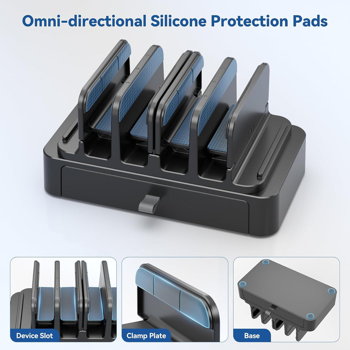 Vertical Laptop Stand with Drawer - 7-in-1 Space-Saving Laptop Holder with Gravity Locking Fits MacBook, Dell, HP, Chromebook, Surface Pro, Tablet, Cell Phone, Switch, Keyboard Desktop Organizer