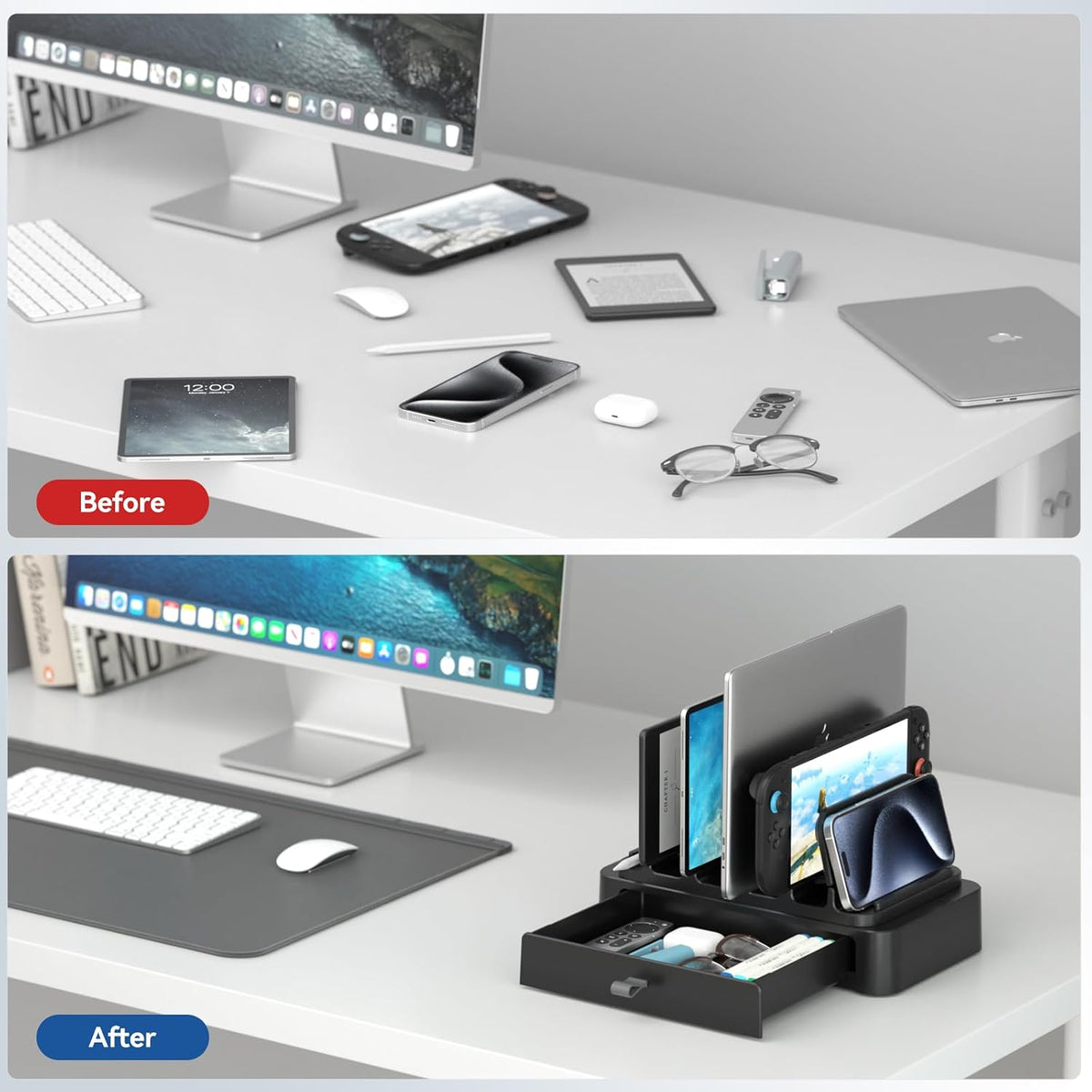 Vertical Laptop Stand with Drawer - 7-in-1 Space-Saving Laptop Holder with Gravity Locking Fits MacBook, Dell, HP, Chromebook, Surface Pro, Tablet, Cell Phone, Switch, Keyboard Desktop Organizer