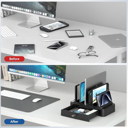 Vertical Laptop Stand with Drawer - 7-in-1 Space-Saving Laptop Holder with Gravity Locking Fits MacBook, Dell, HP, Chromebook, Surface Pro, Tablet, Cell Phone, Switch, Keyboard Desktop Organizer