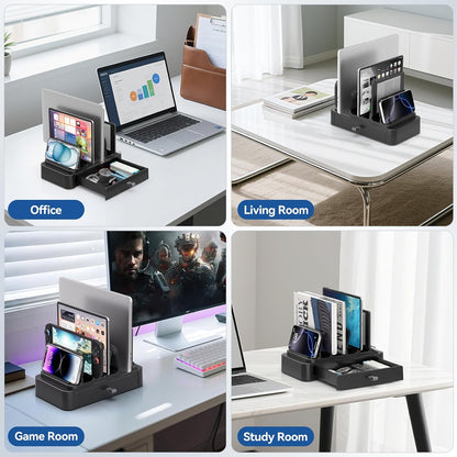 Vertical Laptop Stand with Drawer - 7-in-1 Space-Saving Laptop Holder with Gravity Locking Fits MacBook, Dell, HP, Chromebook, Surface Pro, Tablet, Cell Phone, Switch, Keyboard Desktop Organizer