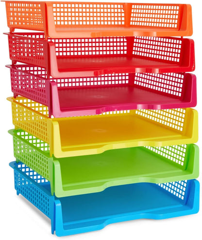 Teacher Supplies Letter Tray Organizer - 6-Pack Rainbow, 9 x 13 x 3 in - Stackable Paper Trays for Classroom & Teacher Desk Organizer