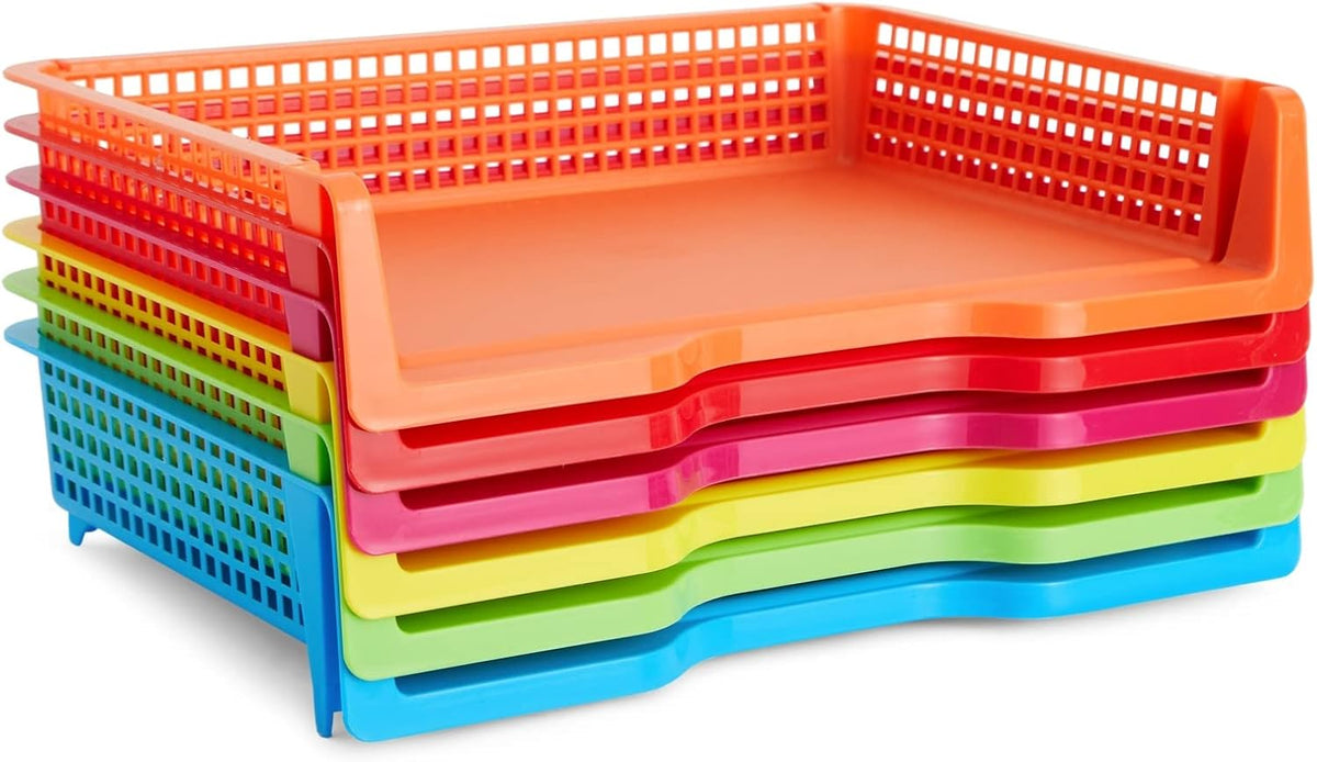 Teacher Supplies Letter Tray Organizer - 6-Pack Rainbow, 9 x 13 x 3 in - Stackable Paper Trays for Classroom & Teacher Desk Organizer