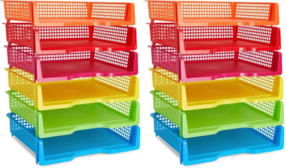 Teacher Supplies Letter Tray Organizer - 6-Pack Rainbow, 9 x 13 x 3 in - Stackable Paper Trays for Classroom & Teacher Desk Organizer