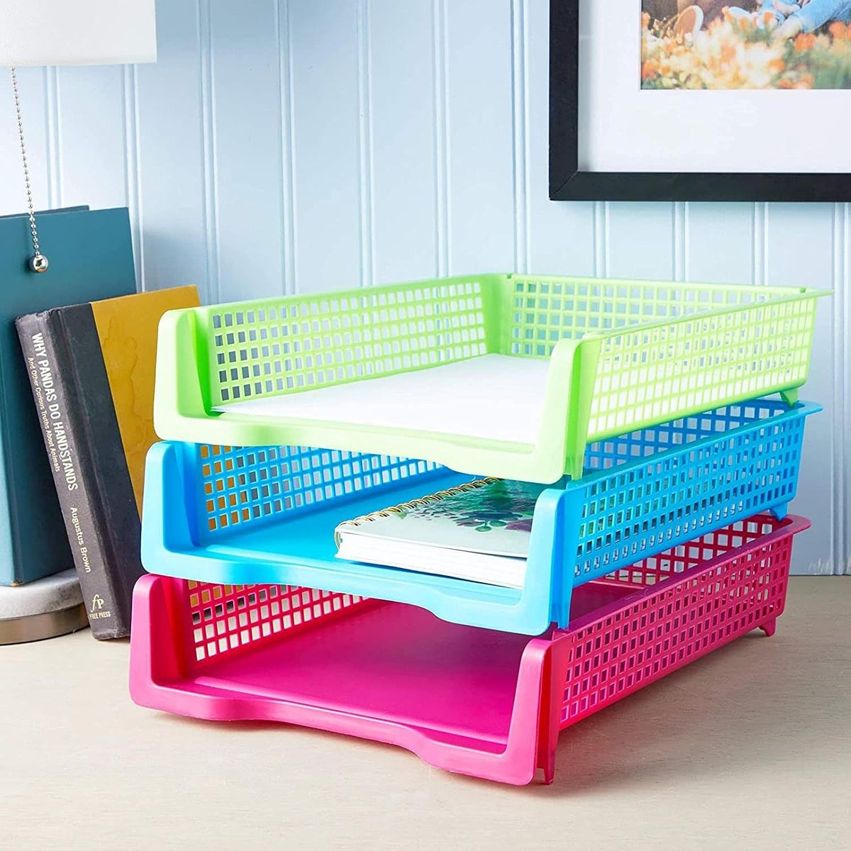 Teacher Supplies Letter Tray Organizer - 6-Pack Rainbow, 9 x 13 x 3 in - Stackable Paper Trays for Classroom & Teacher Desk Organizer