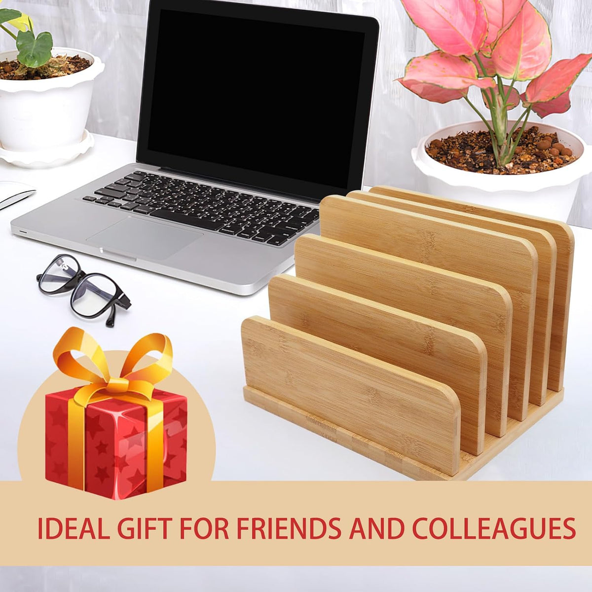 Desk File Mail Organizer Countertop, 5 Slots Bamboo Folder Sorter Holder for Letter, Envelope, Paper, Bill Filing, Desktop Tray Organizer for Office & Home