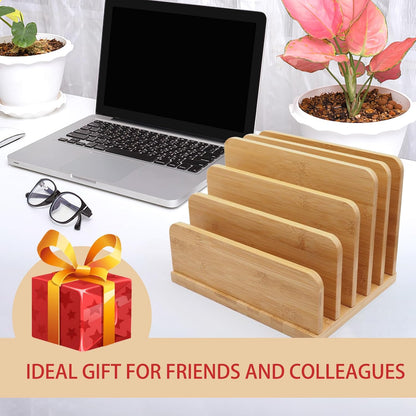 Desk File Mail Organizer Countertop, 5 Slots Bamboo Folder Sorter Holder for Letter, Envelope, Paper, Bill Filing, Desktop Tray Organizer for Office & Home