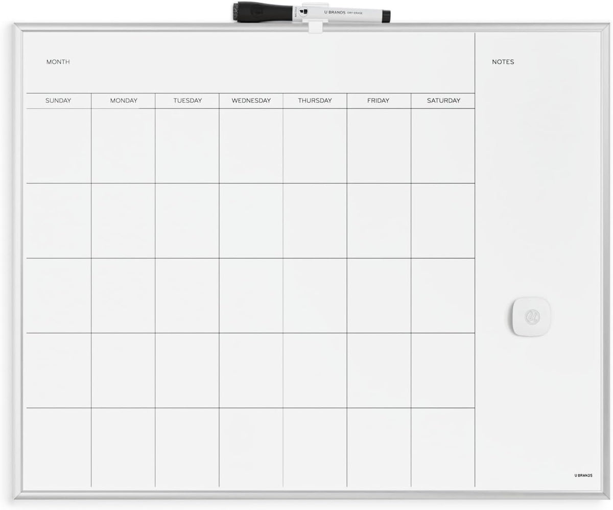 Magnetic Dry Erase Calendar White Board, 16" x 20", Silver Aluminum Frame, Includes Magnet and Marker