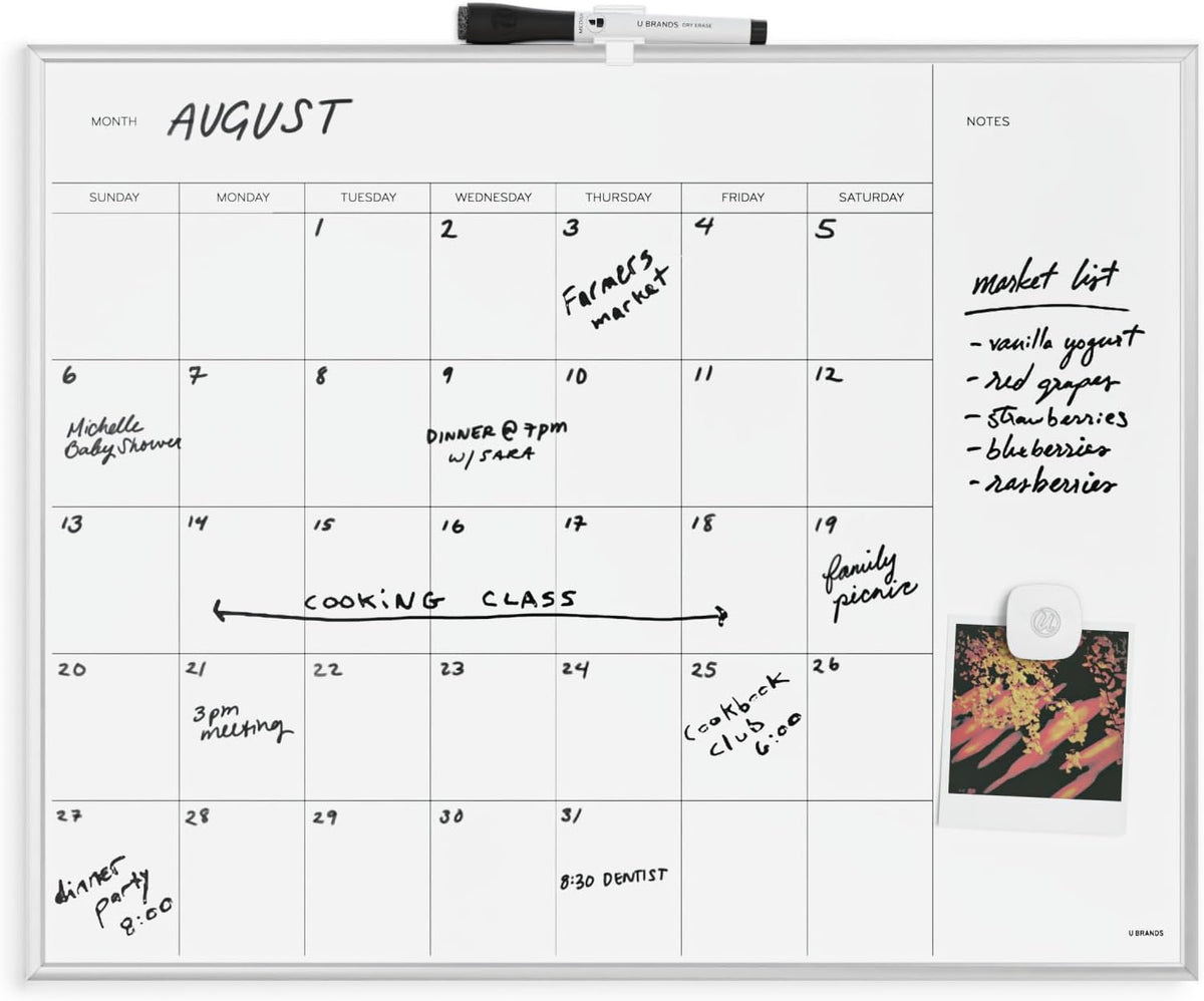 Magnetic Dry Erase Calendar White Board, 16" x 20", Silver Aluminum Frame, Includes Magnet and Marker