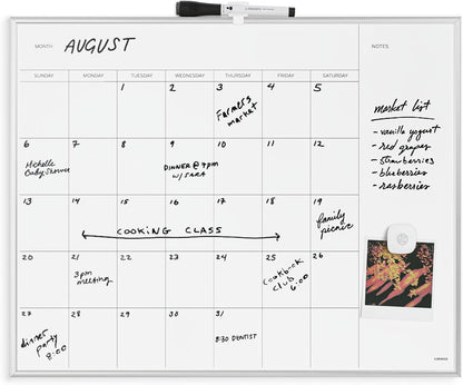 Magnetic Dry Erase Calendar White Board, 16" x 20", Silver Aluminum Frame, Includes Magnet and Marker