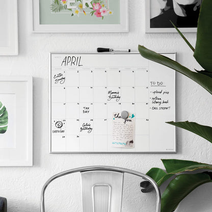 Magnetic Dry Erase Calendar White Board, 16" x 20", Silver Aluminum Frame, Includes Magnet and Marker
