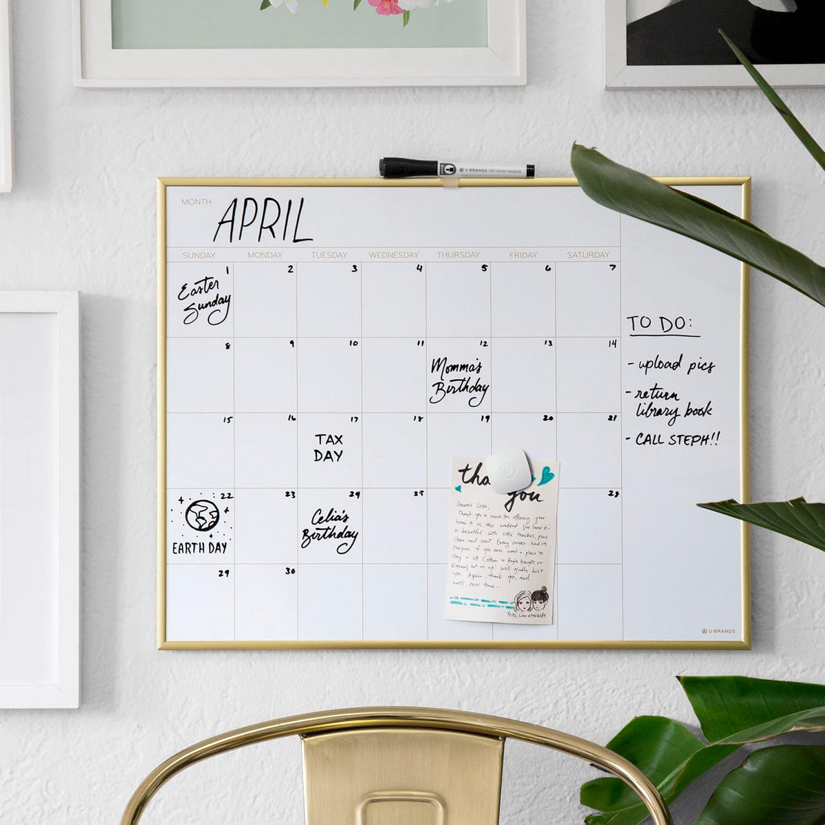 Magnetic Dry Erase Calendar White Board, 16" x 20", Silver Aluminum Frame, Includes Magnet and Marker