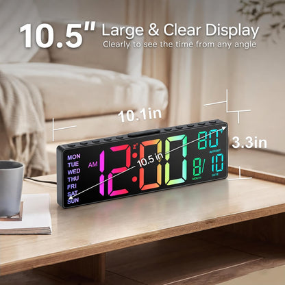 10.5'' Large Digital Alarm Clock with Big LED Number for School Classroom, Remote Control, RGB Colors,Timer, Dual Alarm, Temperature for Bedroom, Living Room, Gift for Senior Student Teacher