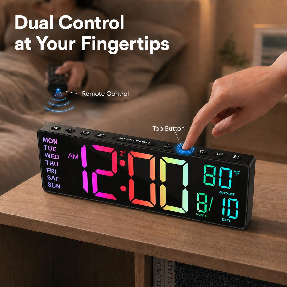 10.5'' Large Digital Alarm Clock with Big LED Number for School Classroom, Remote Control, RGB Colors,Timer, Dual Alarm, Temperature for Bedroom, Living Room, Gift for Senior Student Teacher