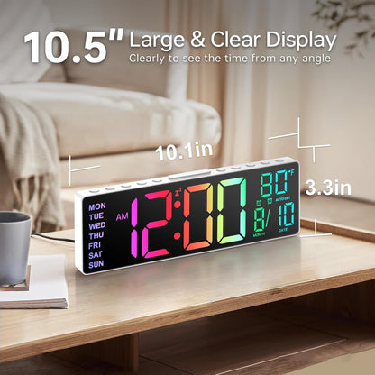 10.5'' Large Digital Alarm Clock with Big LED Number for School Classroom, Remote Control, RGB Colors,Timer, Dual Alarm, Temperature for Bedroom, Living Room, Gift for Senior Student Teacher