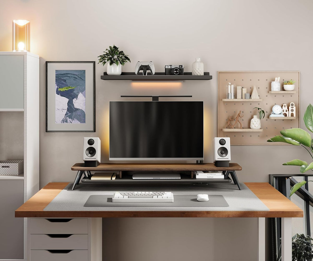 Dual Monitor Stand Riser, Wooden Desk Shelf with 2-Tier Storage