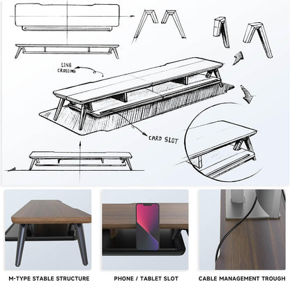 Dual Monitor Stand Riser, Wooden Desk Shelf with 2-Tier Storage