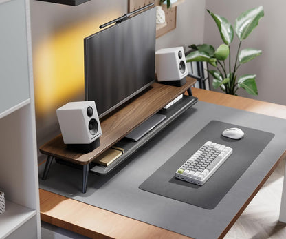 Dual Monitor Stand Riser, Wooden Desk Shelf with 2-Tier Storage