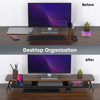 Dual Monitor Stand Riser, Wooden Desk Shelf with 2-Tier Storage