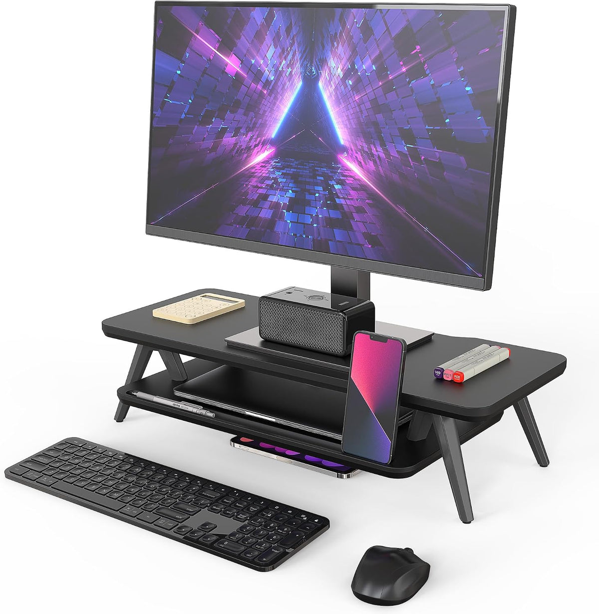 Dual Monitor Stand Riser, Wooden Desk Shelf with 2-Tier Storage