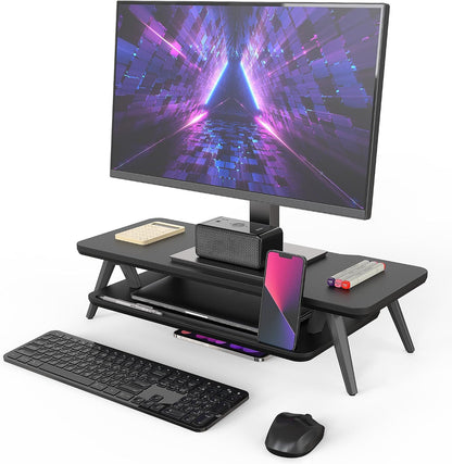 Dual Monitor Stand Riser, Wooden Desk Shelf with 2-Tier Storage