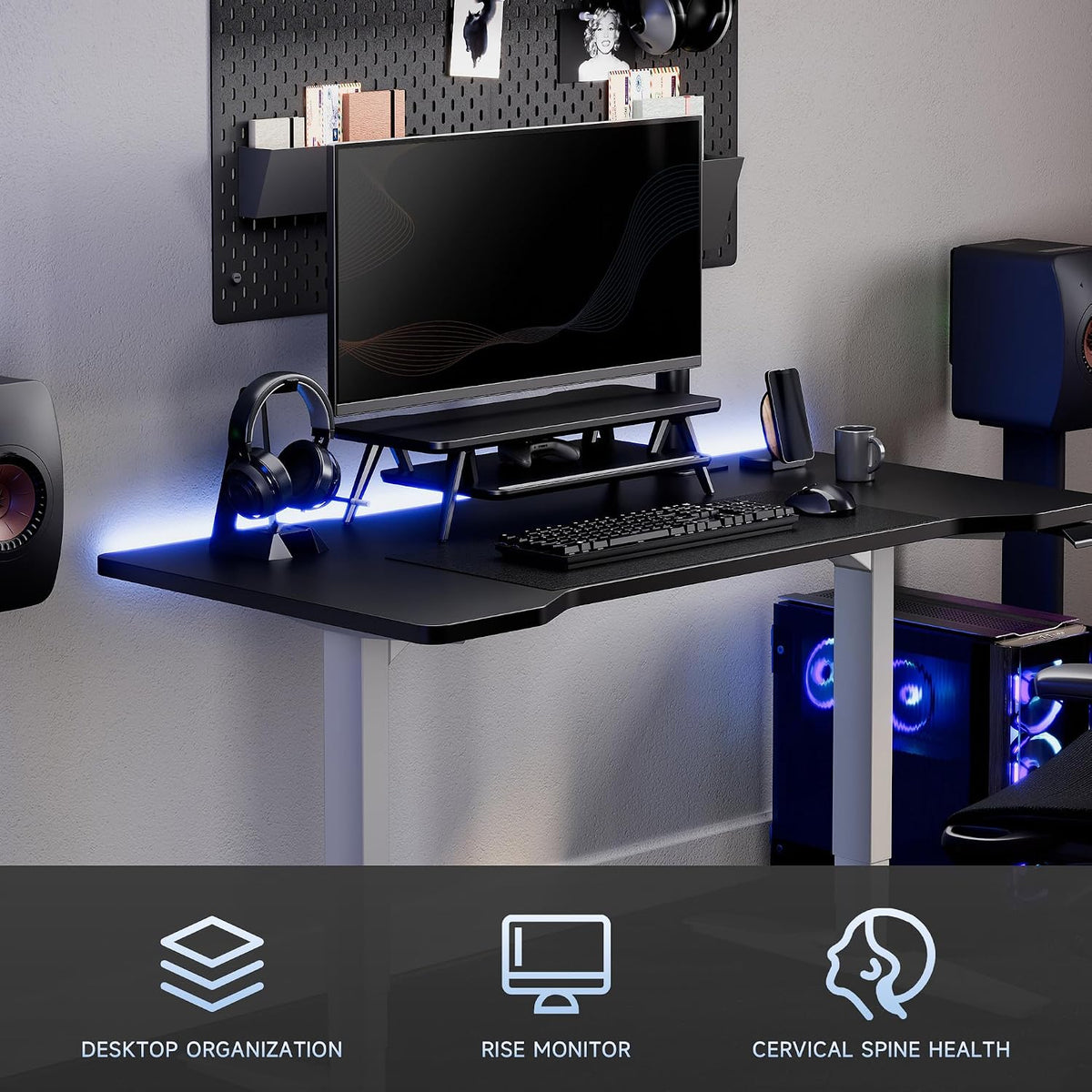 Dual Monitor Stand Riser, Wooden Desk Shelf with 2-Tier Storage