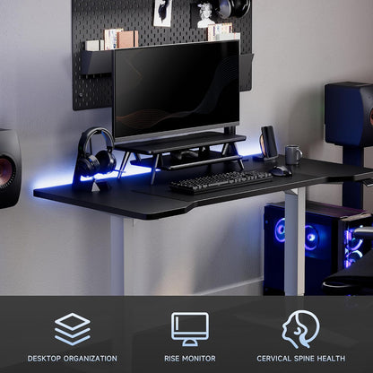 Dual Monitor Stand Riser, Wooden Desk Shelf with 2-Tier Storage