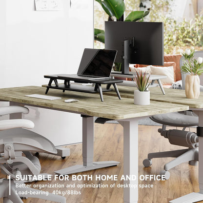 Dual Monitor Stand Riser, Wooden Desk Shelf with 2-Tier Storage