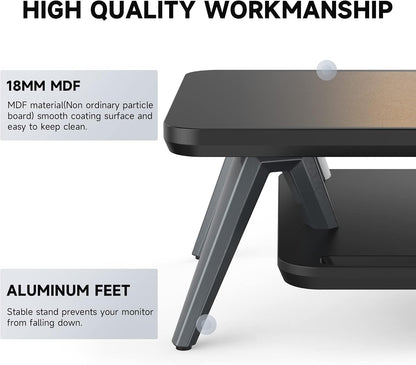Dual Monitor Stand Riser, Wooden Desk Shelf with 2-Tier Storage