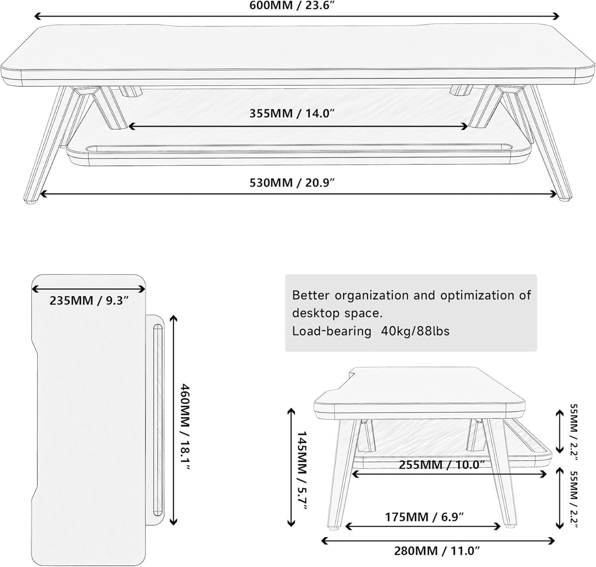 Dual Monitor Stand Riser, Wooden Desk Shelf with 2-Tier Storage
