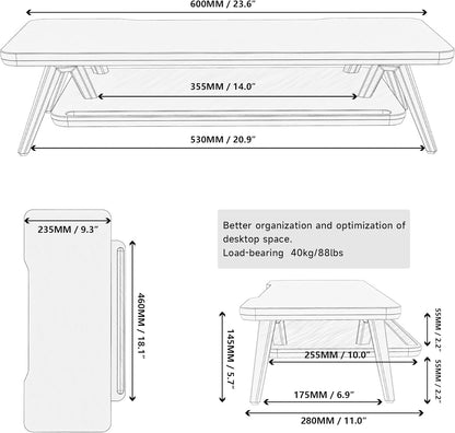 Dual Monitor Stand Riser, Wooden Desk Shelf with 2-Tier Storage