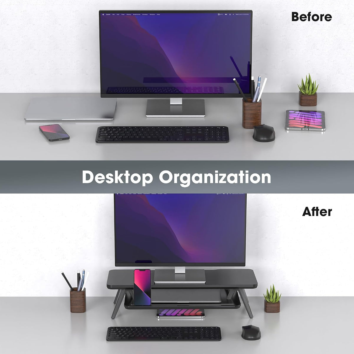 Dual Monitor Stand Riser, Wooden Desk Shelf with 2-Tier Storage