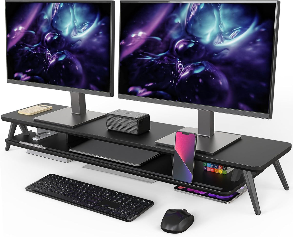 Dual Monitor Stand Riser, Wooden Desk Shelf with 2-Tier Storage