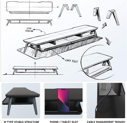Dual Monitor Stand Riser, Wooden Desk Shelf with 2-Tier Storage