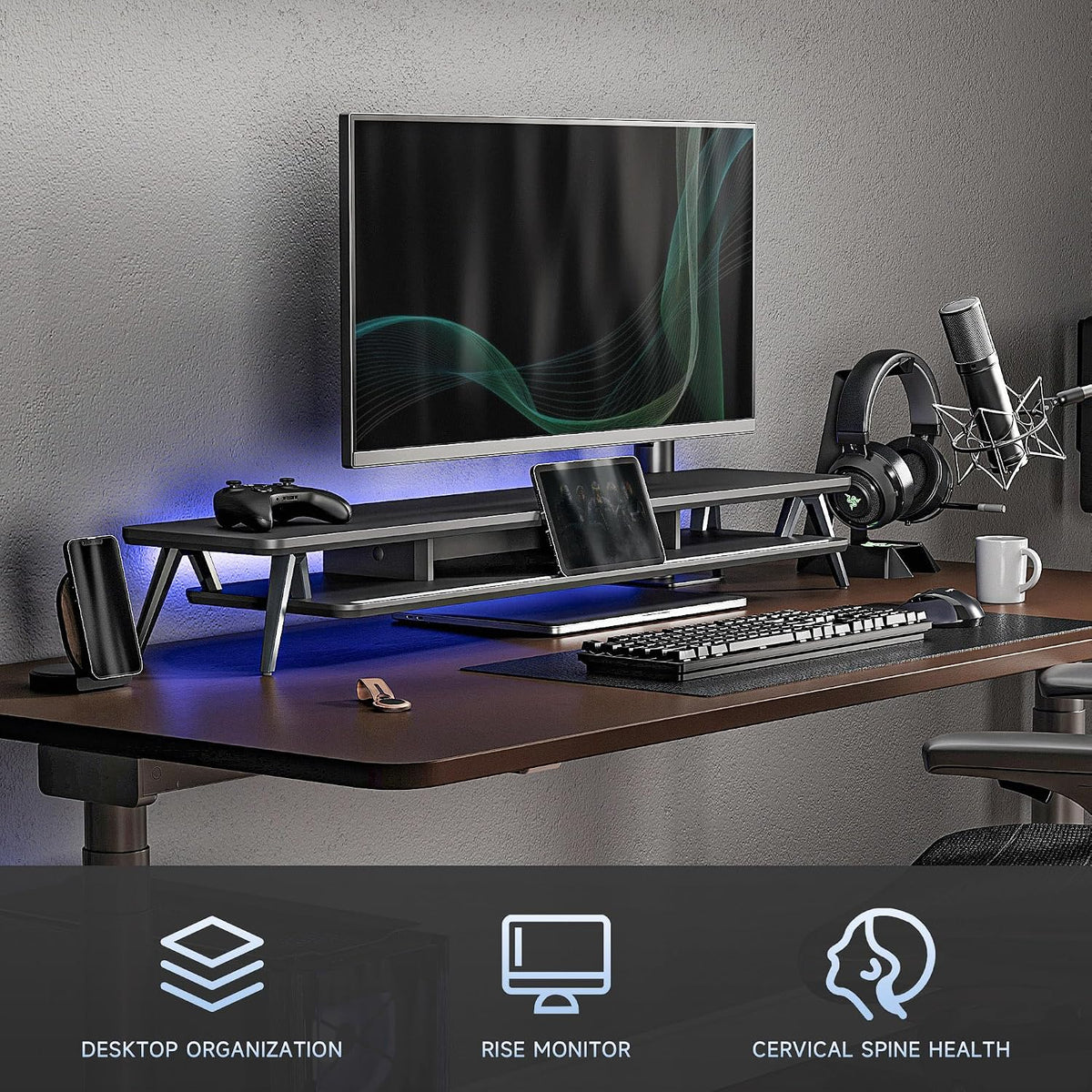 Dual Monitor Stand Riser, Wooden Desk Shelf with 2-Tier Storage