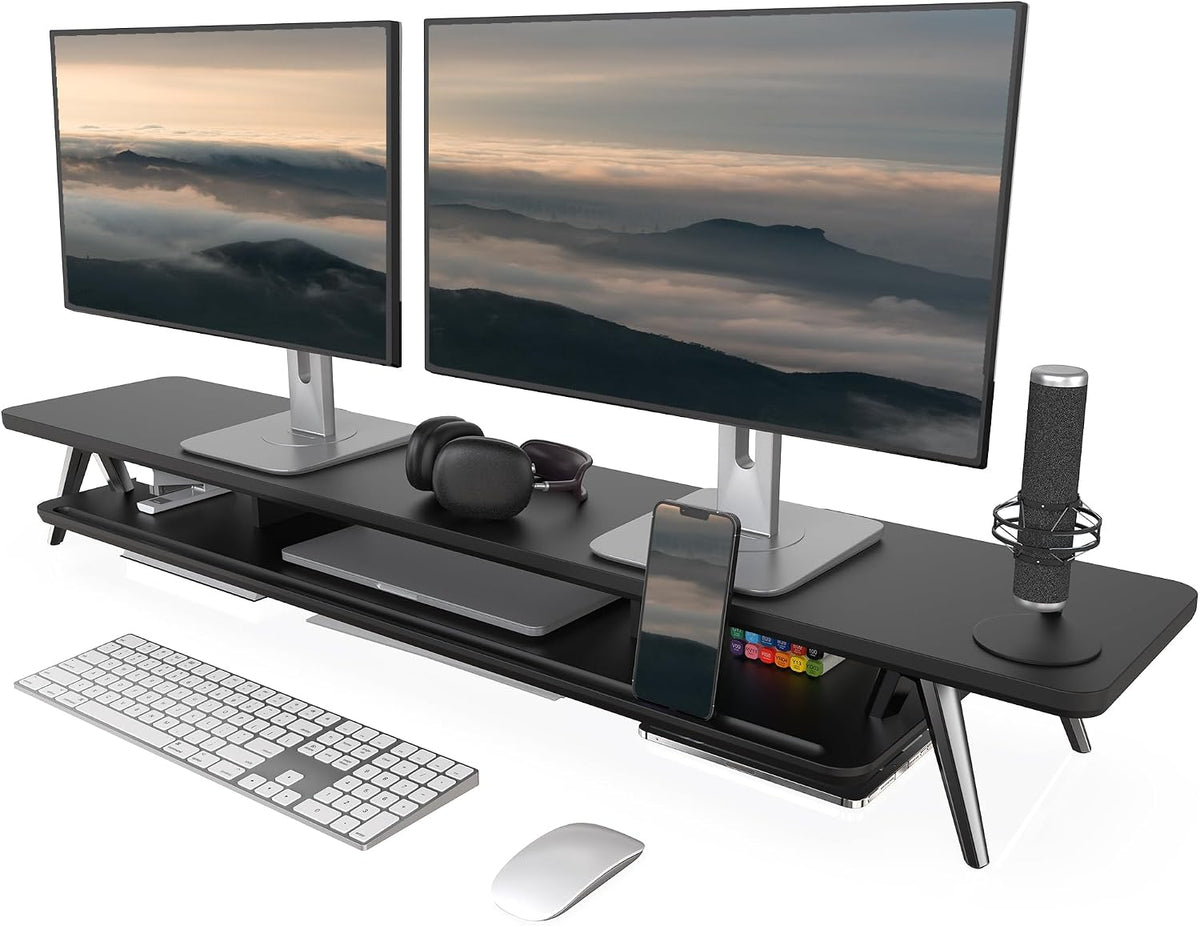 Dual Monitor Stand Riser, Wooden Desk Shelf with 2-Tier Storage