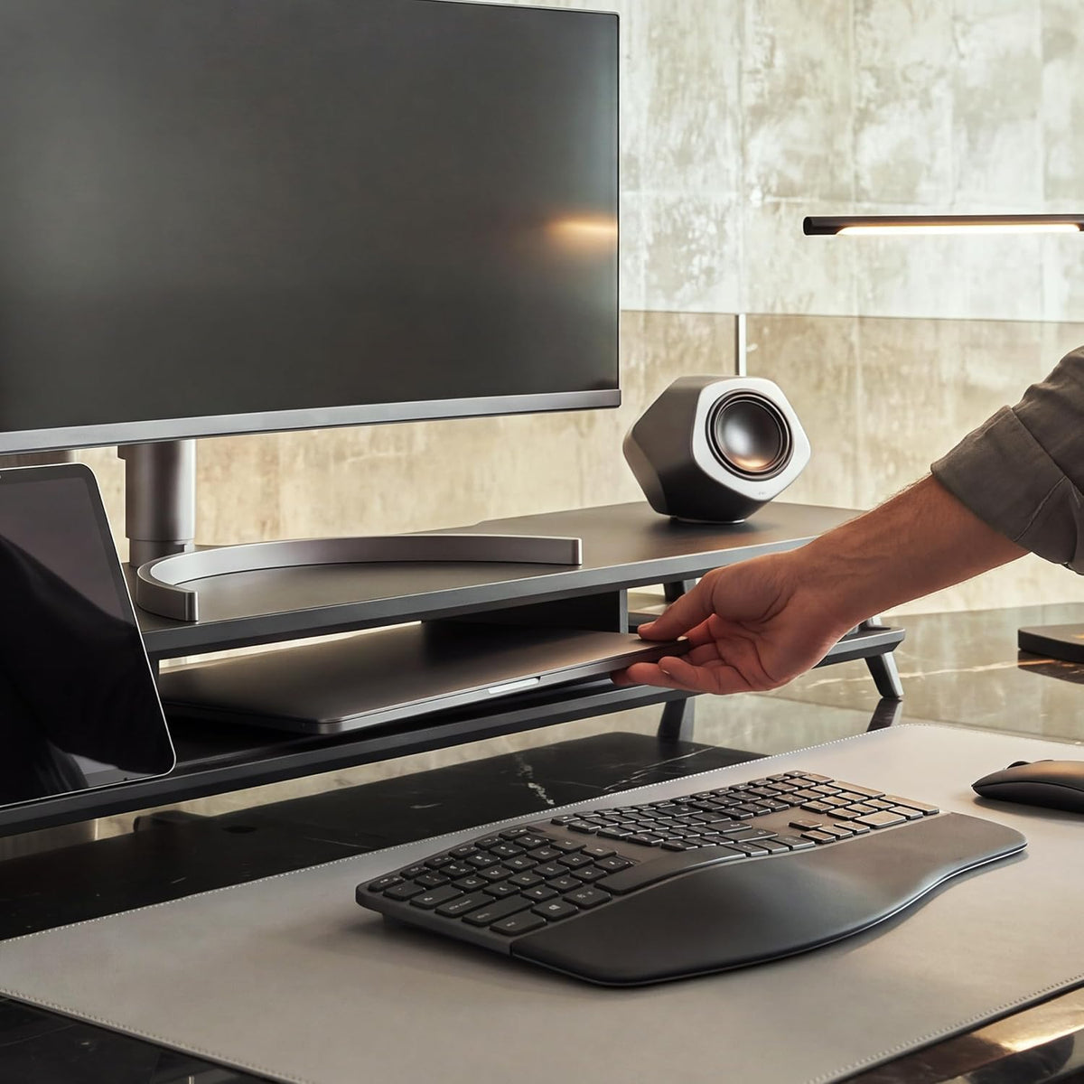 Dual Monitor Stand Riser, Wooden Desk Shelf with 2-Tier Storage