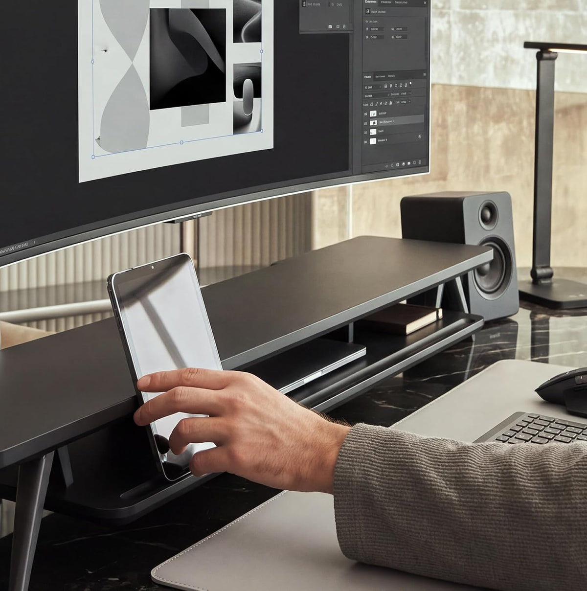 Dual Monitor Stand Riser, Wooden Desk Shelf with 2-Tier Storage