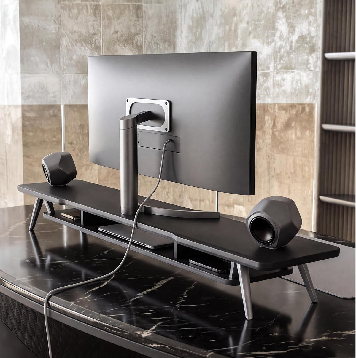 Dual Monitor Stand Riser, Wooden Desk Shelf with 2-Tier Storage