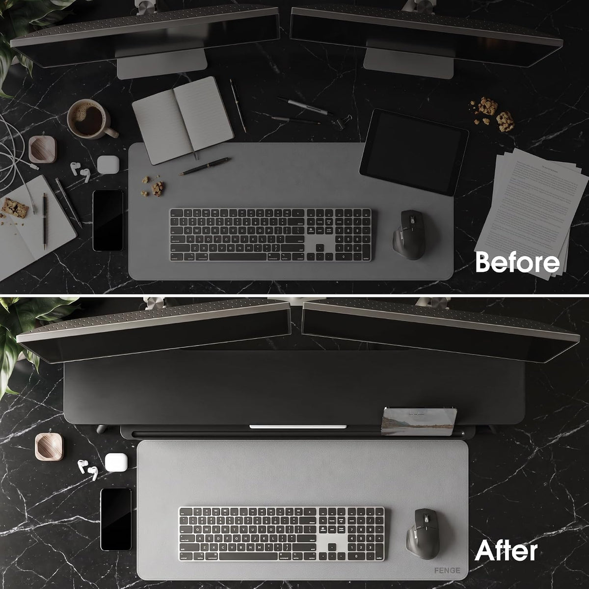 Dual Monitor Stand Riser, Wooden Desk Shelf with 2-Tier Storage