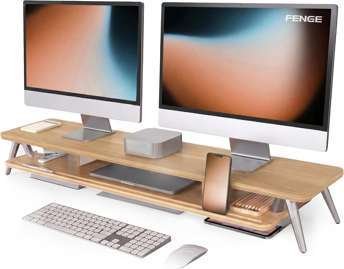 Dual Monitor Stand Riser, Wooden Desk Shelf with 2-Tier Storage