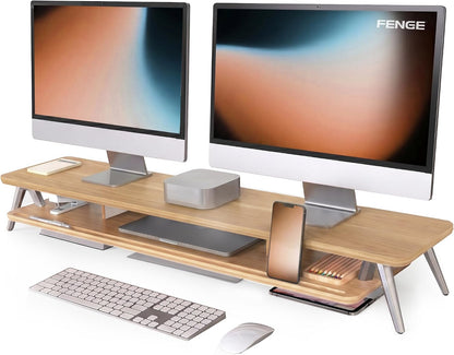Dual Monitor Stand Riser, Wooden Desk Shelf with 2-Tier Storage