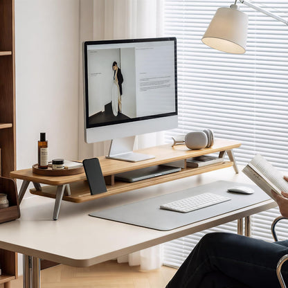 Dual Monitor Stand Riser, Wooden Desk Shelf with 2-Tier Storage