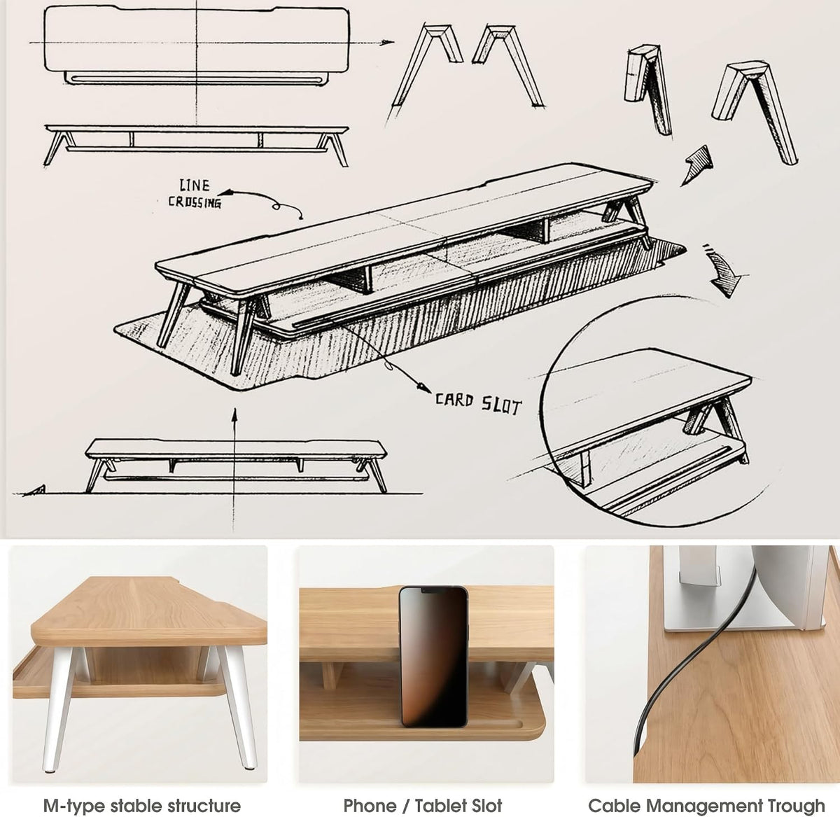 Dual Monitor Stand Riser, Wooden Desk Shelf with 2-Tier Storage