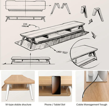 Dual Monitor Stand Riser, Wooden Desk Shelf with 2-Tier Storage