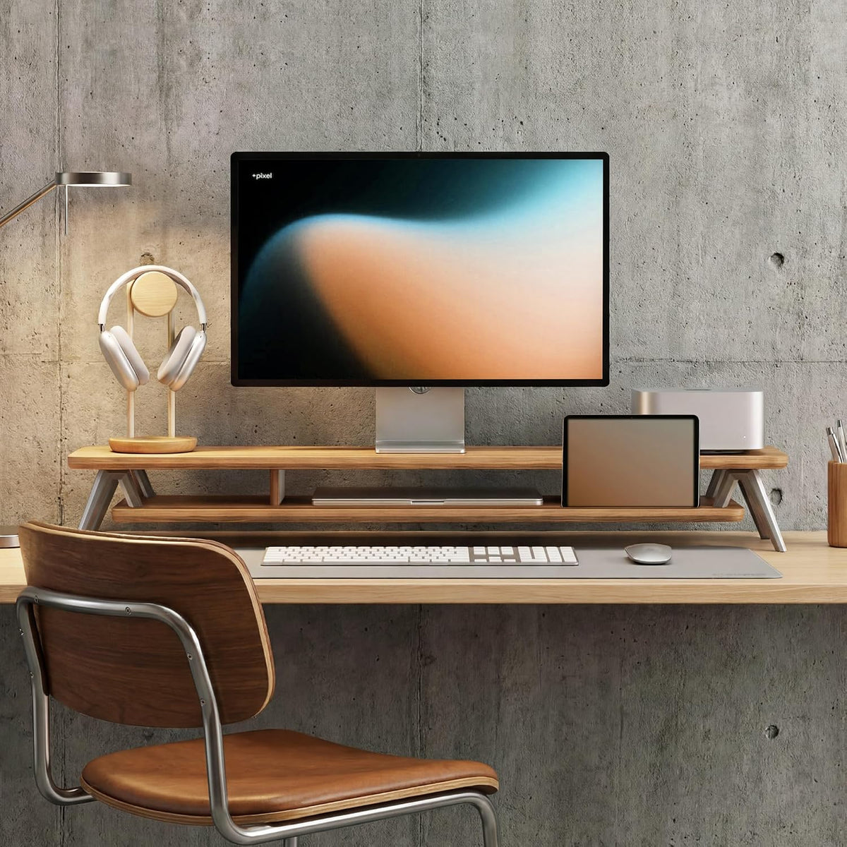Dual Monitor Stand Riser, Wooden Desk Shelf with 2-Tier Storage