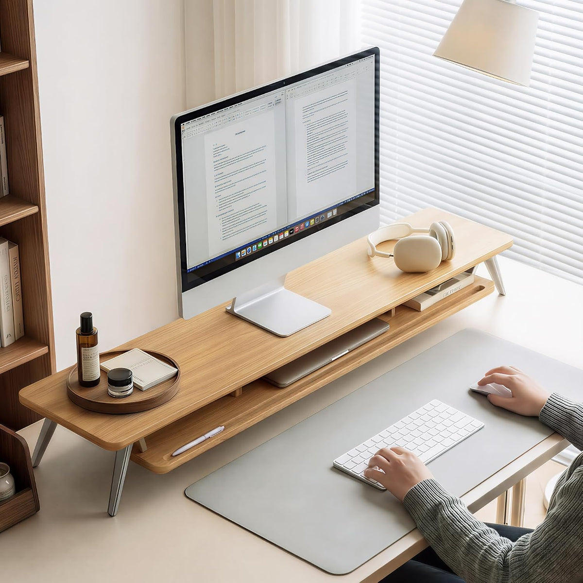 Dual Monitor Stand Riser, Wooden Desk Shelf with 2-Tier Storage