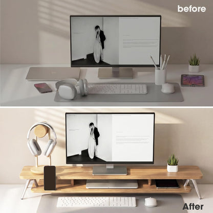 Dual Monitor Stand Riser, Wooden Desk Shelf with 2-Tier Storage