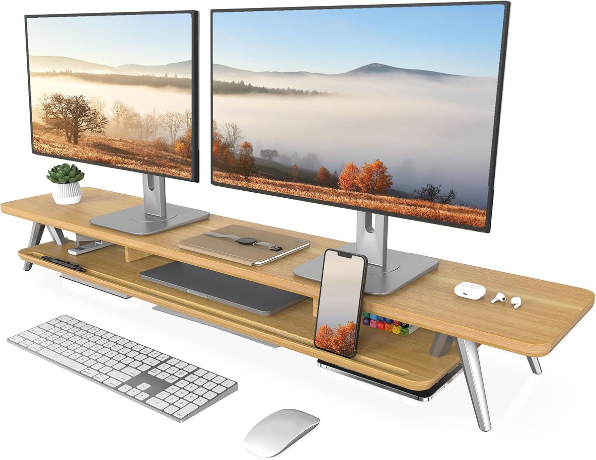 Dual Monitor Stand Riser, Wooden Desk Shelf with 2-Tier Storage