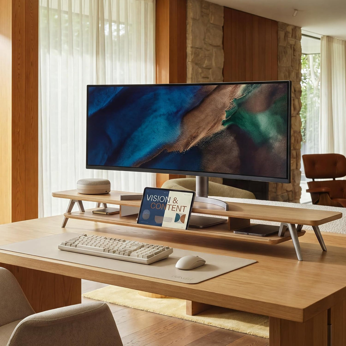 Dual Monitor Stand Riser, Wooden Desk Shelf with 2-Tier Storage